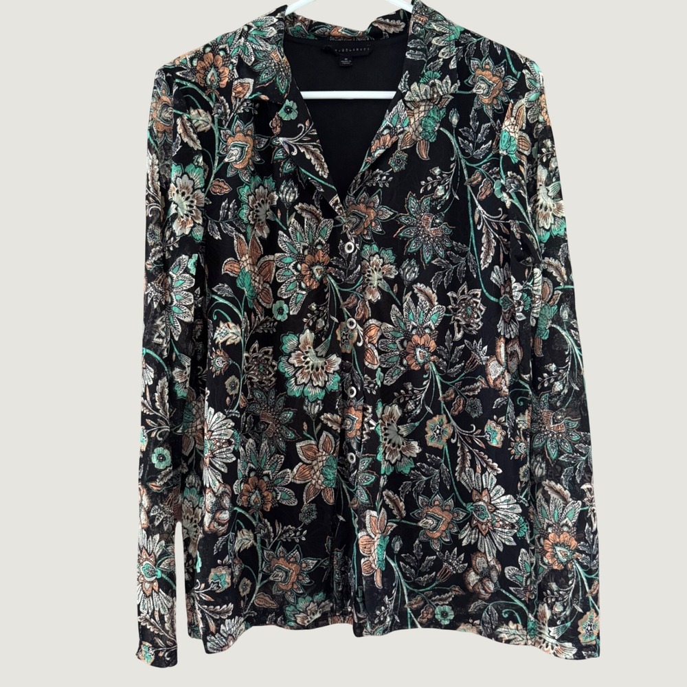 Jane + Delancey Floral Button Front Blouse M Boho Lightweight Sheer Shirt Goth